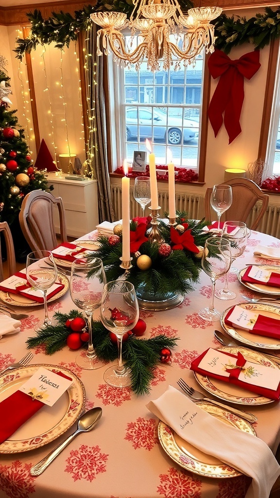 A festive Christmas table setting with candles, evergreen branches, and red and gold decorations, creating a warm atmosphere.